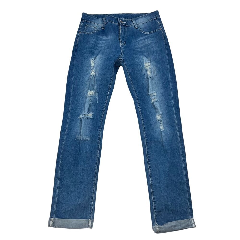 Color 3 Collections Womens Distressed Cuffed Jeans Mid Rise Size Large